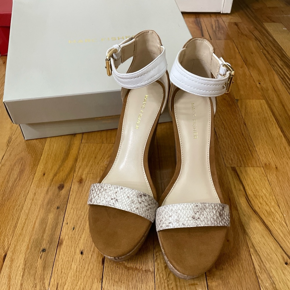 Marc Fisher snake print white and gold buckle wedges